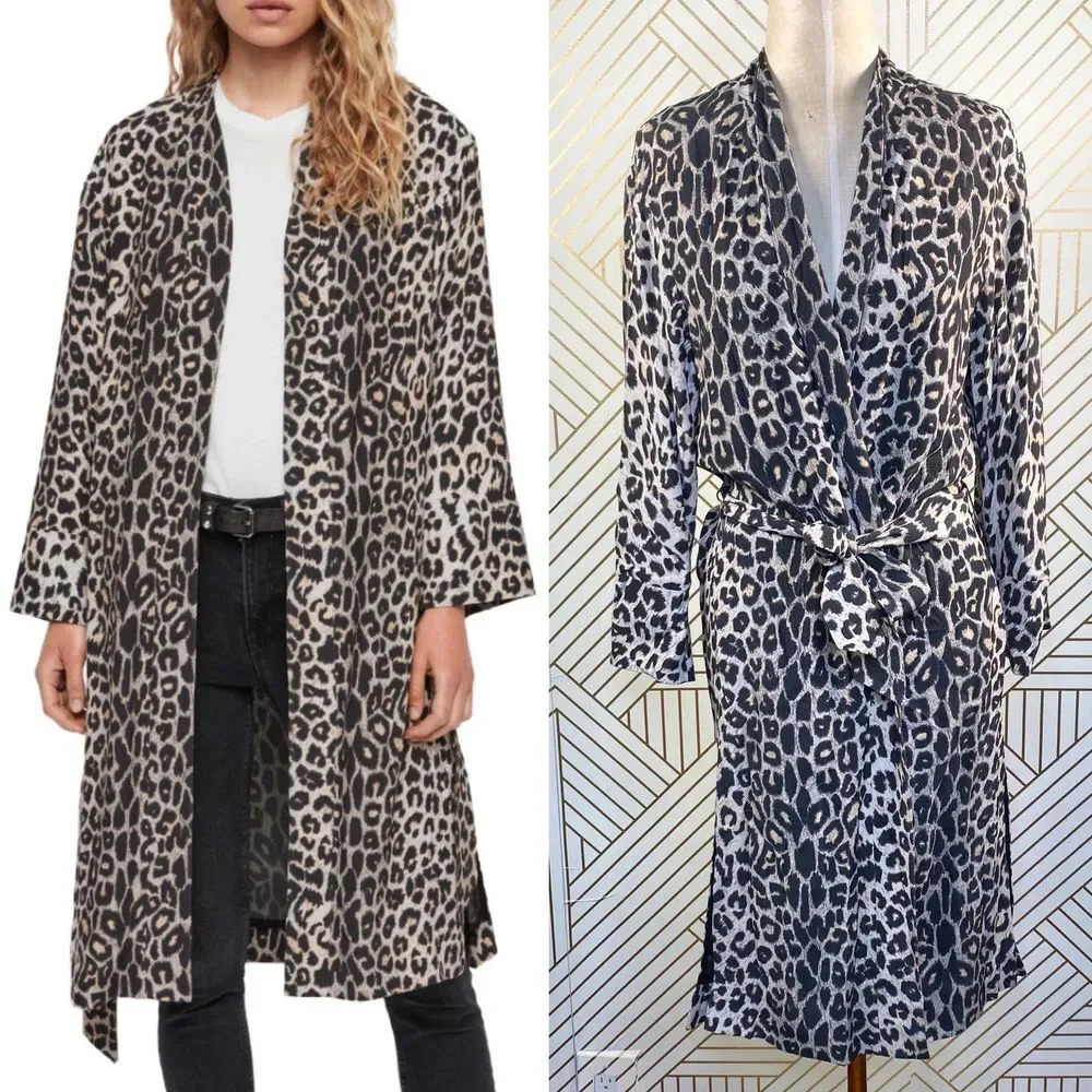 AllSaints Esme Kimono Top Leopard‎ Printed Long Sleeve Belted Tan Brown Size XS